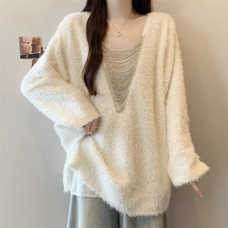 大码女装慵懒风高级感重工金丝长袖毛衣女胖MM设计感宽松显瘦上衣