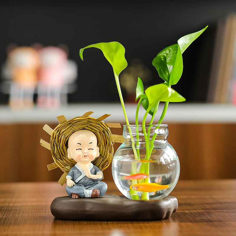 创意网红树脂工艺品四不和尚绿萝水培花瓶客厅办公桌家居装饰摆件