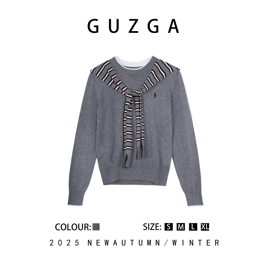 GUZGA【芳枝宁哲】2025秋季上新假两件圆领披肩针织衫长袖上衣时尚