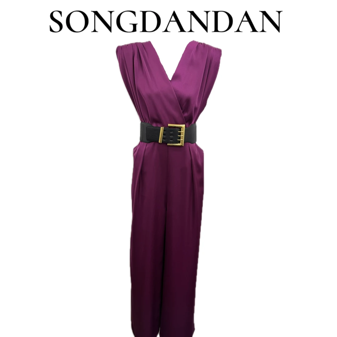 【DDS】气质时尚轻奢V领褶皱腰带无袖亮面阔腿连体裤时尚