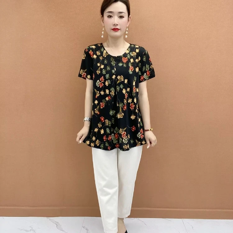 2025时尚短袖大码显瘦宽松遮肚洋气中老年妈妈装碎花遮肚子夏季