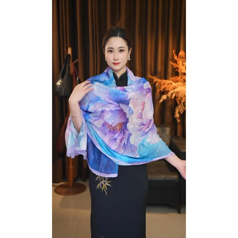 xys-480【梦中牡丹】新中式薯莨纱剪花轻奢百搭90*180长巾
