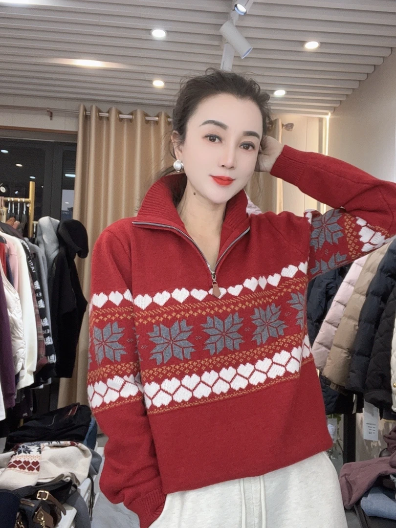 NFM女驸马新款休闲厚款半拉链提花毛衣针织衫5783