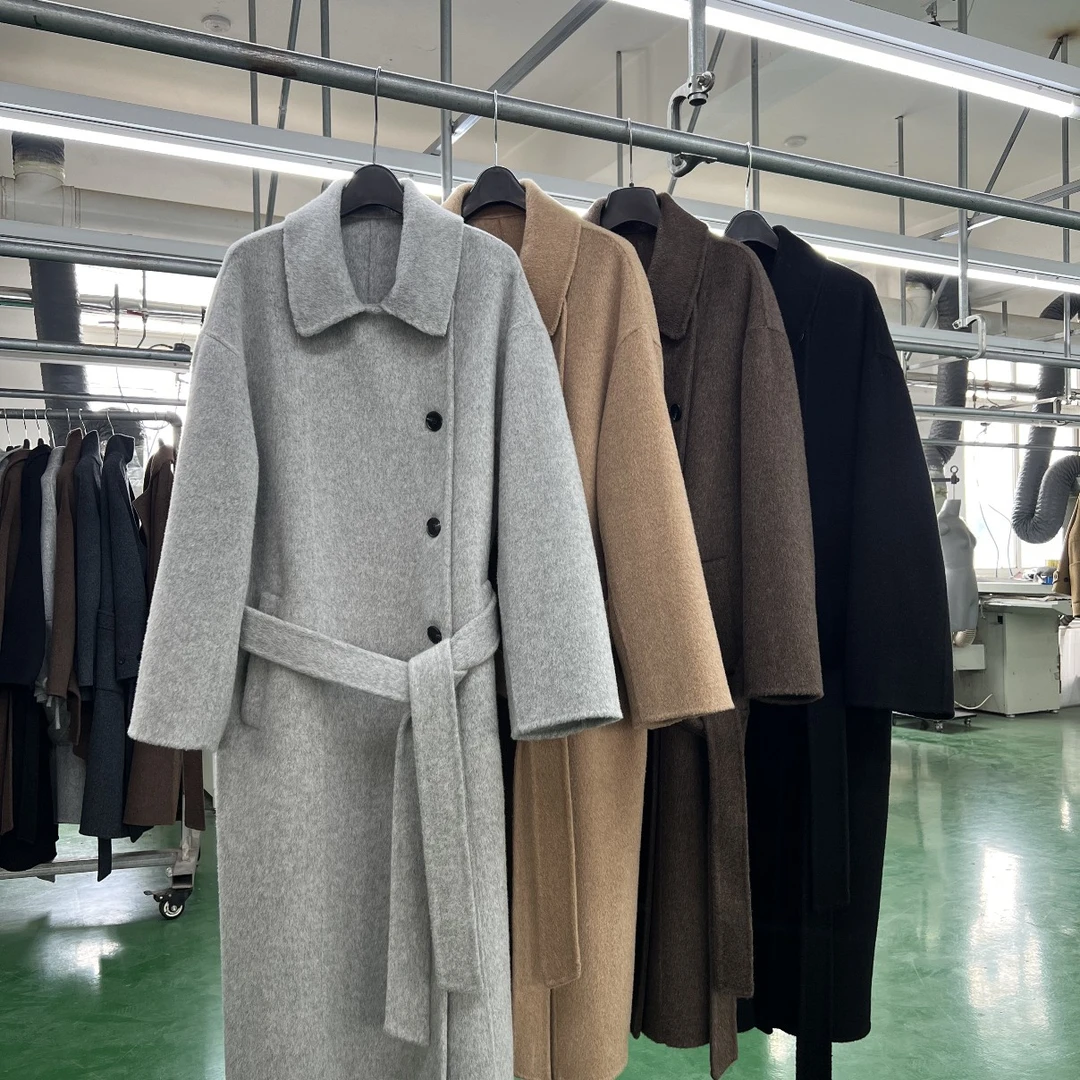 秋冬新款 韩系双面手缝纯羊毛大衣立领宽松外套小方领长款