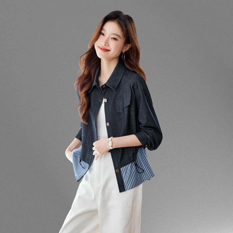 衬衫拼接牛仔短外套女春秋2025新款宽松休闲高级感假两件条纹上衣
