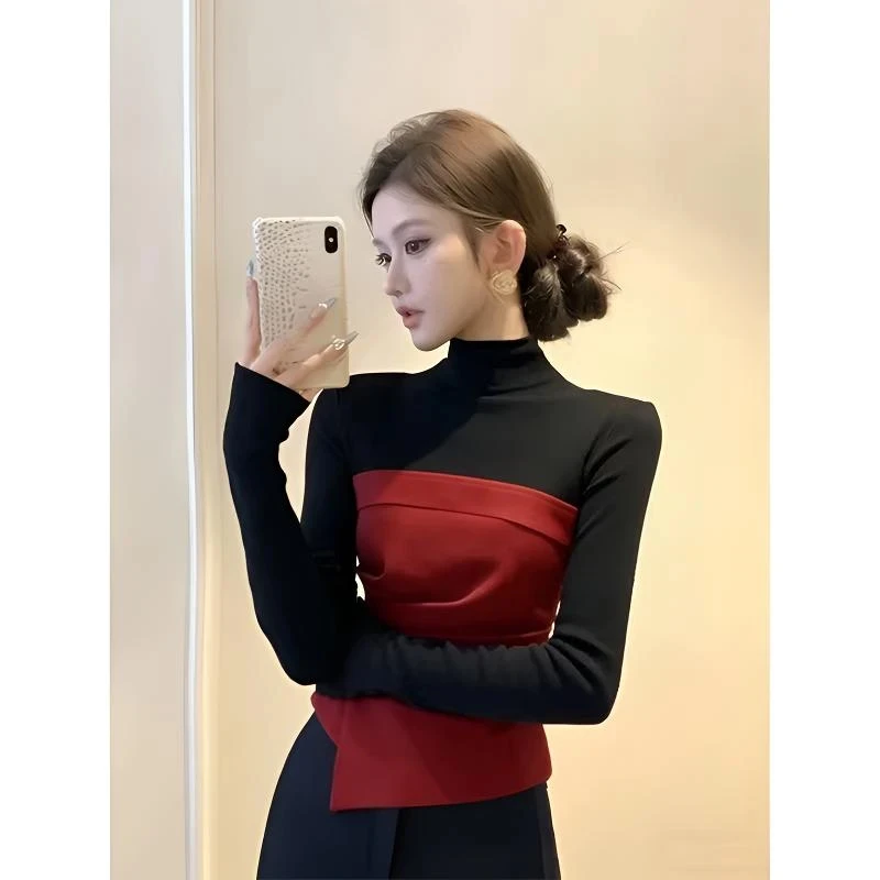 【特惠】气质拼接长袖T恤上衣女2025秋冬名媛设计感收腰显瘦打底衫