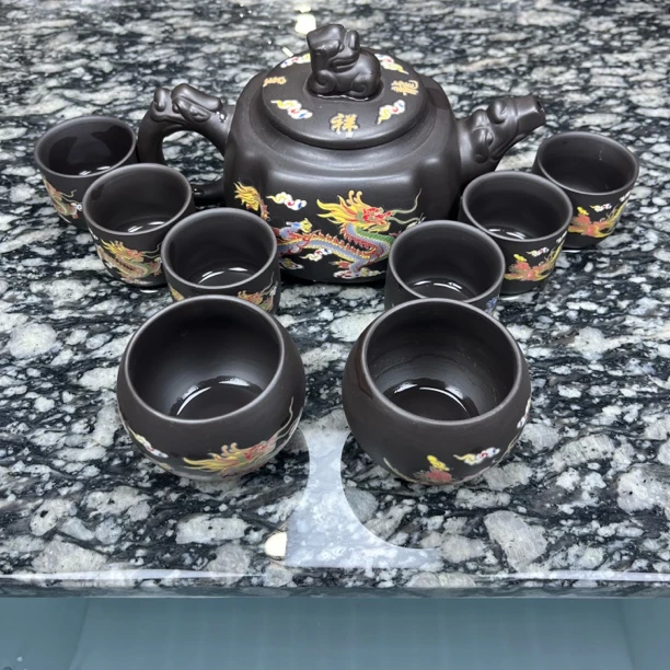 580cc超大容量龙凤四方紫砂凤鸣壶 二龙蛋六扳指八杯壶绳茶具套装