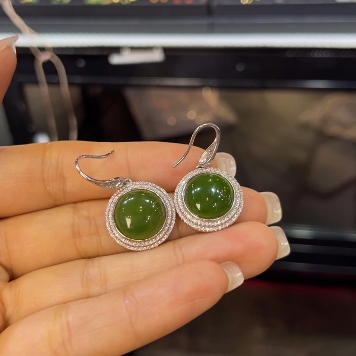 和田玉银S925镶嵌耳饰