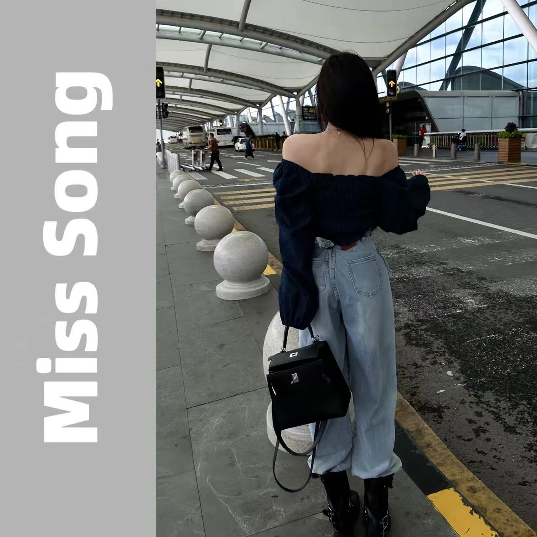 藏蓝格子一字肩/