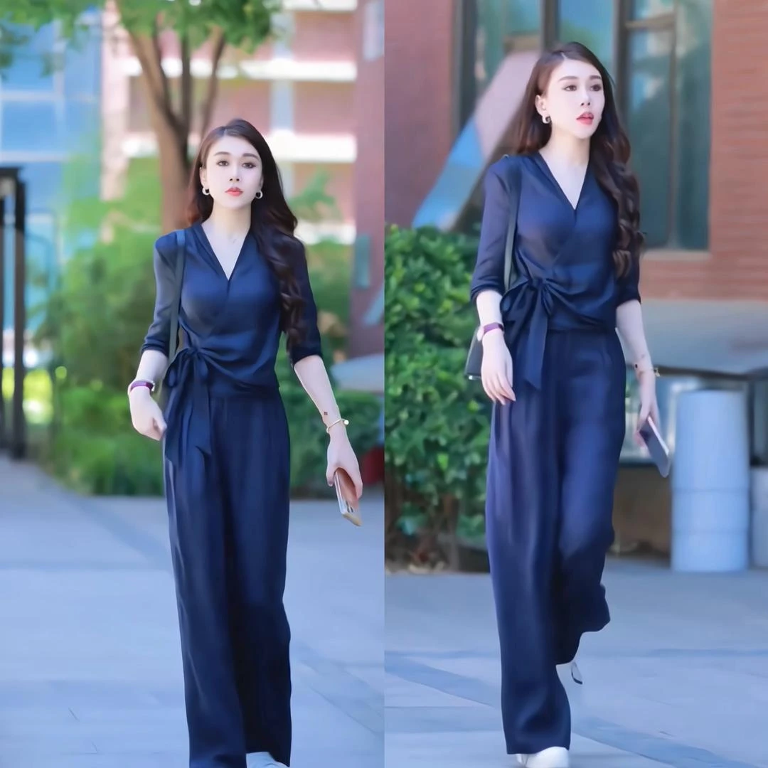 气质洋气夏季时尚显瘦女装阔腿裤中国风休闲通勤收腰时尚套装女