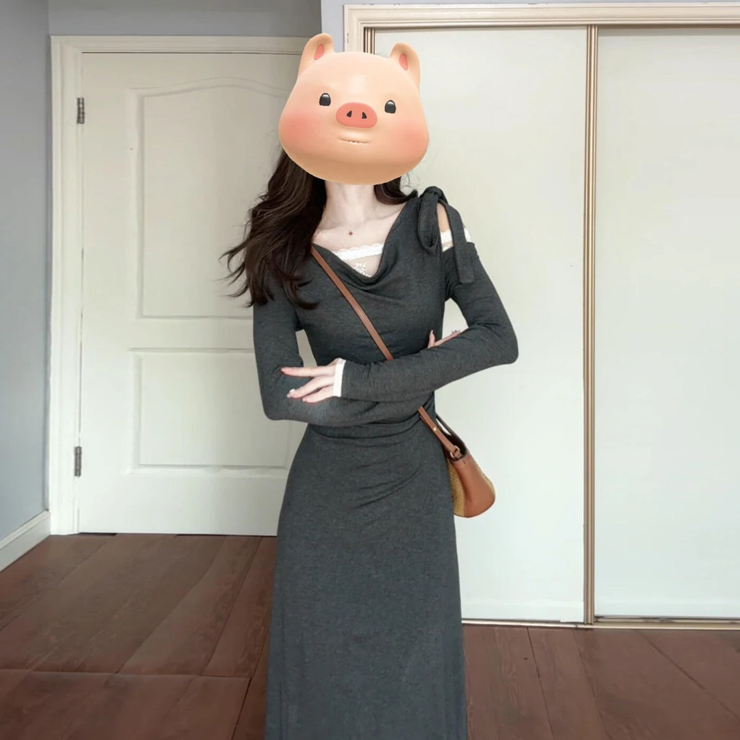 法式灰色长袖v领连衣裙子女2025年新款秋冬正式场合端庄收腰长裙