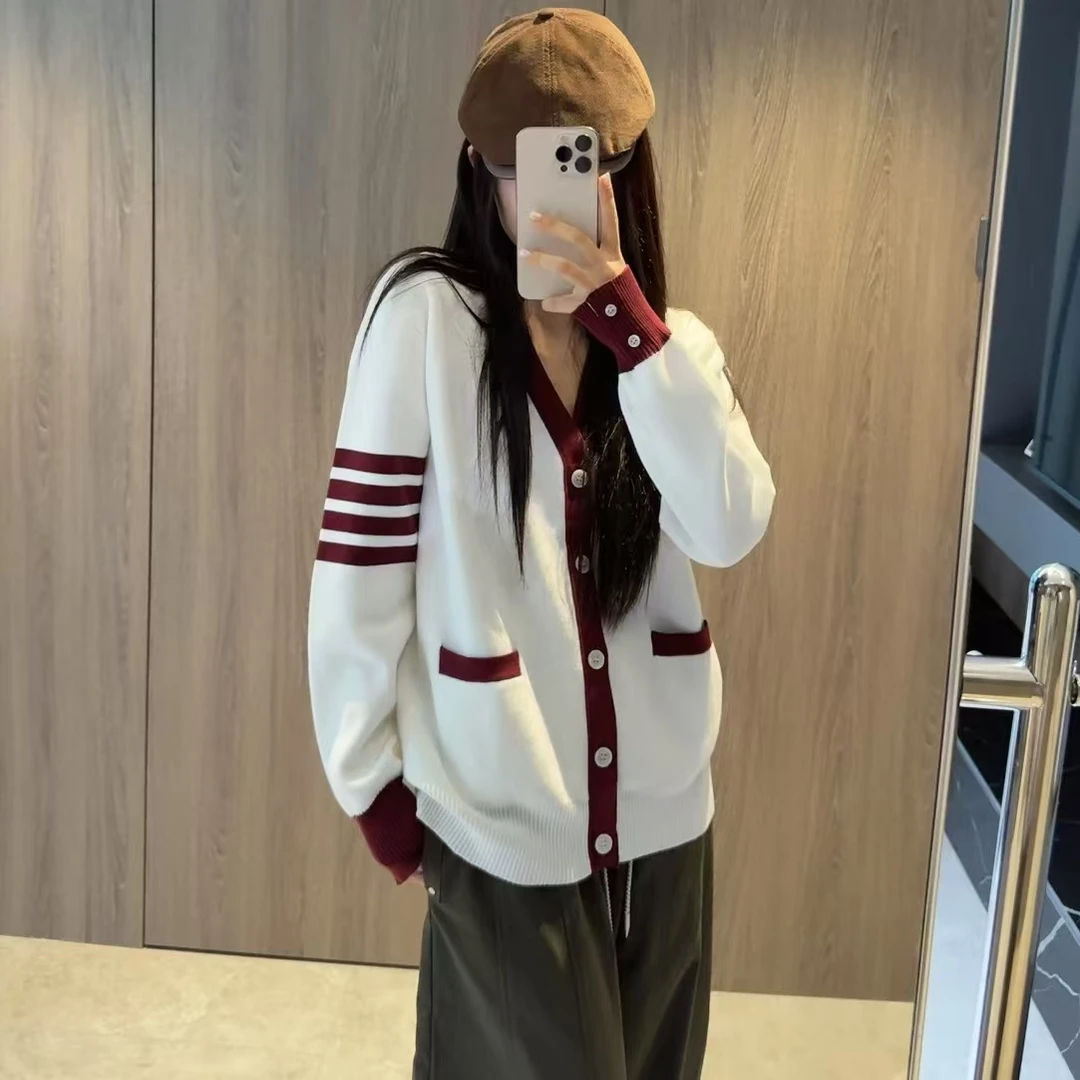 WANGDATING【橄榄球开衫】25s秋冬酒红撞色新款开衫外套男女同款