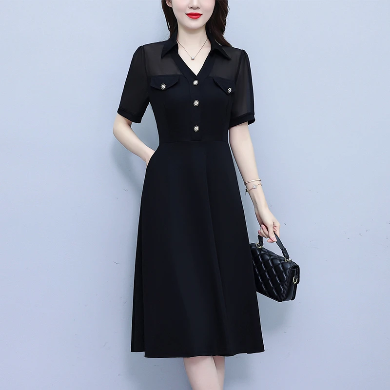 高档气质时尚黑色连衣裙2025夏季新款赫本风收腰显瘦中长法式裙子