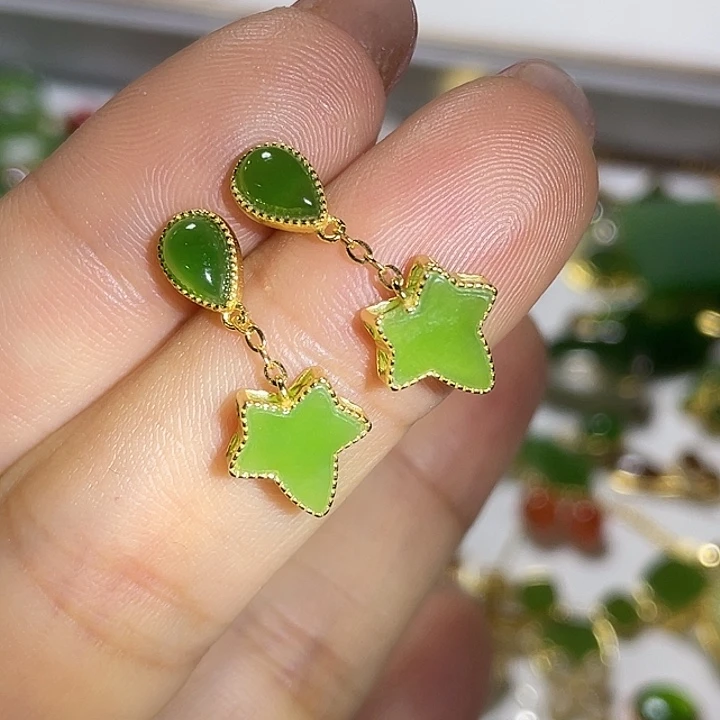 银S925镶嵌和田玉（碧玉）耳饰