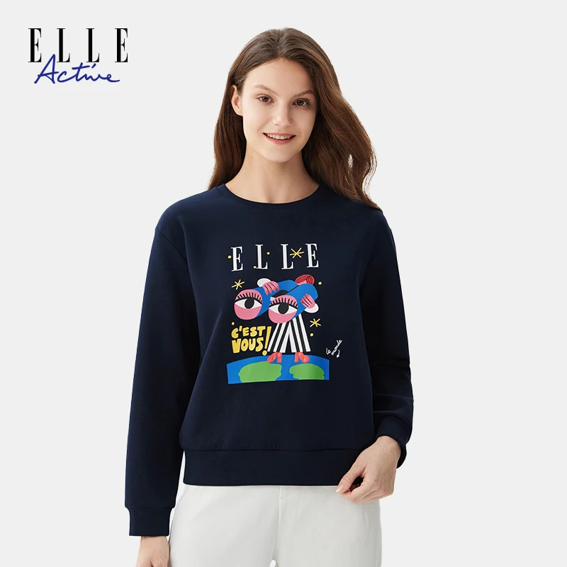 ELLE Active【联名款】2025年秋季新款卫衣女潮流印花圆领宽松上衣