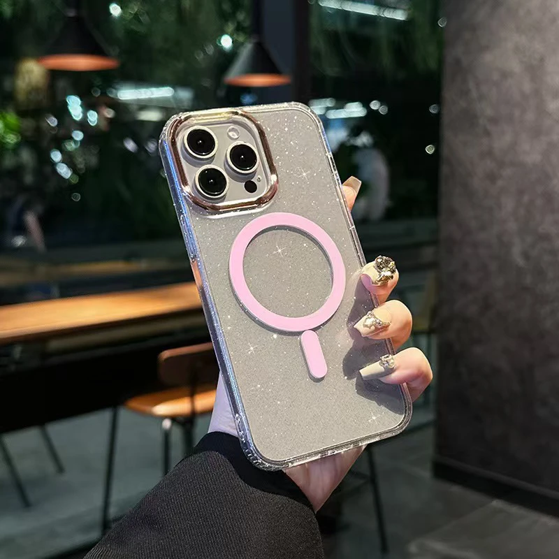 适用多型号闪粉镜头带支架磁吸防摔手机壳