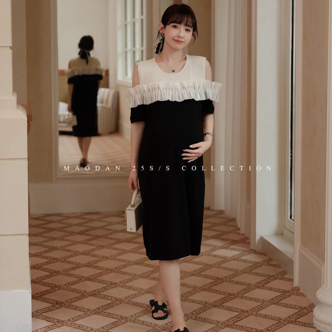 maodan/猫单【弗里德清晨】孕妇装夏季时髦拼接洋气花边显瘦连衣裙
