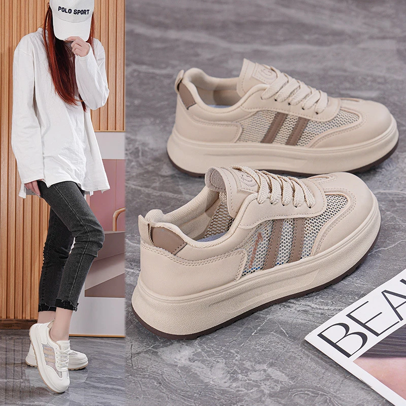 2025春夏季新款透气小白鞋女低帮休闲板鞋厚底增高网面运动鞋爆款
