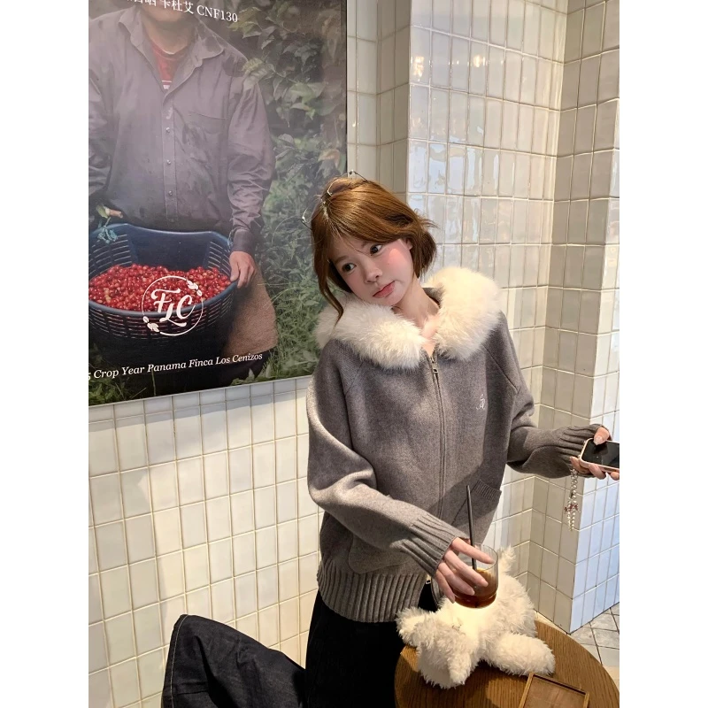 MARIE.COCO韩系ins风大毛领连帽针织外套秋季新款阔腿牛仔裤套装