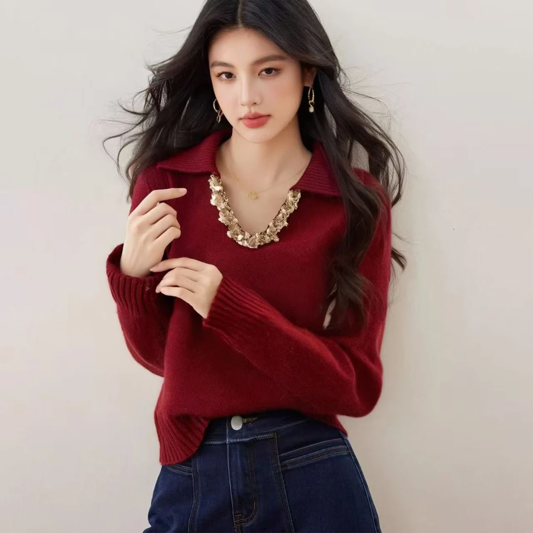 短款V领气质女秋冬季新款毛针织衫红色针织舒适保暖百搭上衣