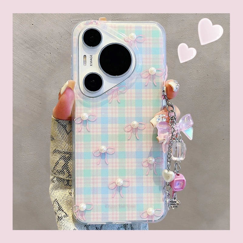 适用华为pura70pro+手机壳p60pro格纹立体珍珠蝴蝶结mate70/60pro