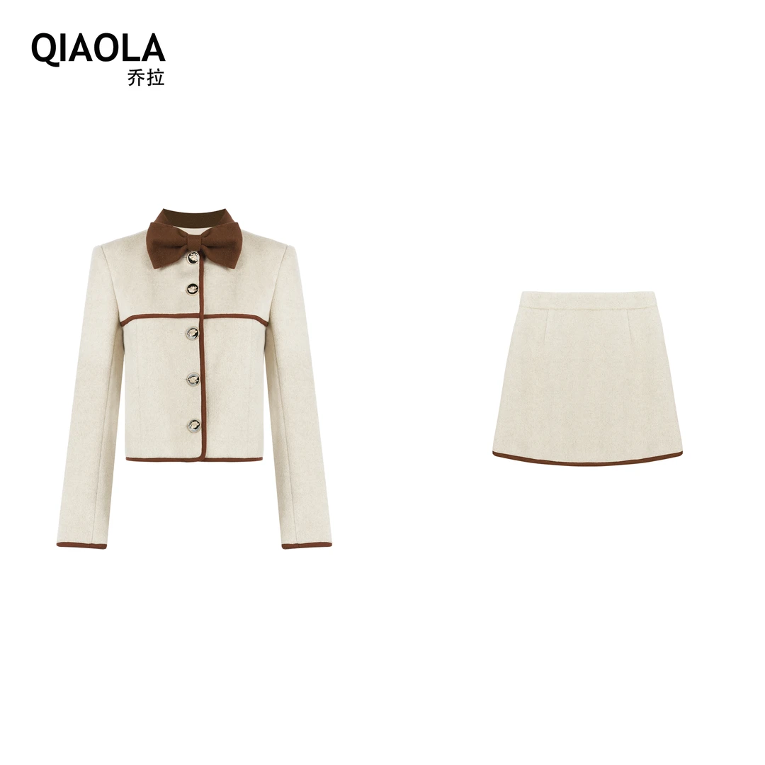 QIAOLA/乔拉【绒冬告白】秋冬呢绒拼色蝴蝶结单排扣轻奢时尚预售