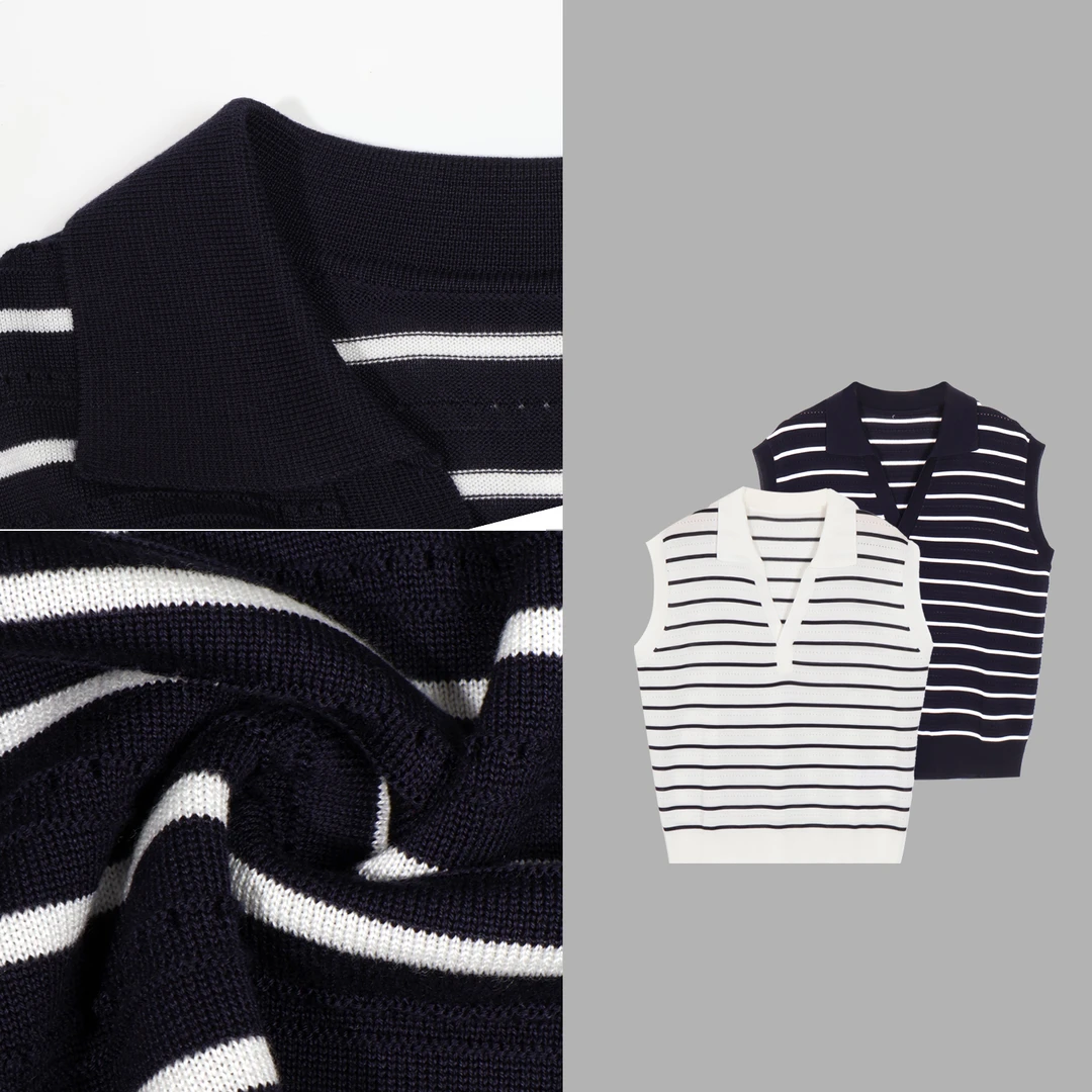 凯特丝蓓2571#条纹半开领V领polo针织衫无袖背心