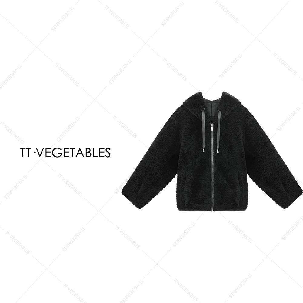 噢芬/小个子【栀柠】拉贡羊毛皮外套皮毛一体连帽外套上衣522602