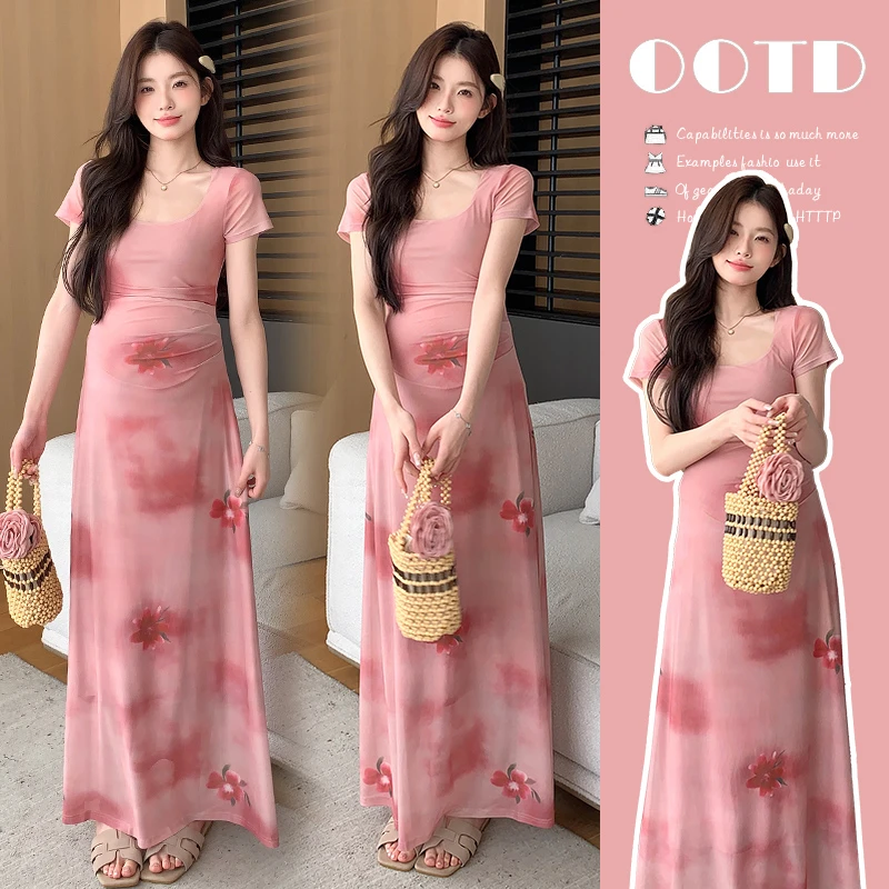 时髦孕妇装夏装新品玫瑰庄园韩版时尚印花修身弹力法式气质连衣裙