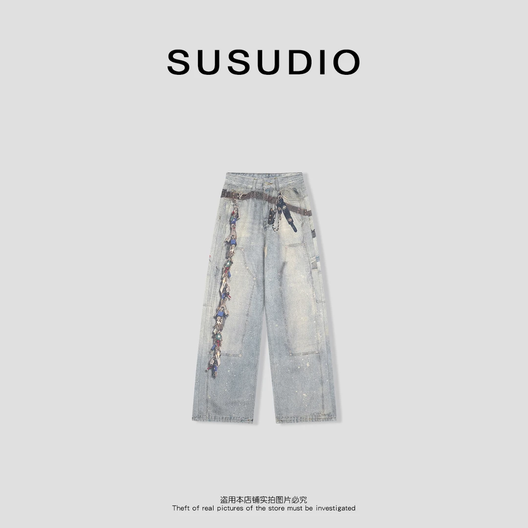 SUSUDIO 100棉春夏设计感美式复古印花高腰牛仔裤 40217