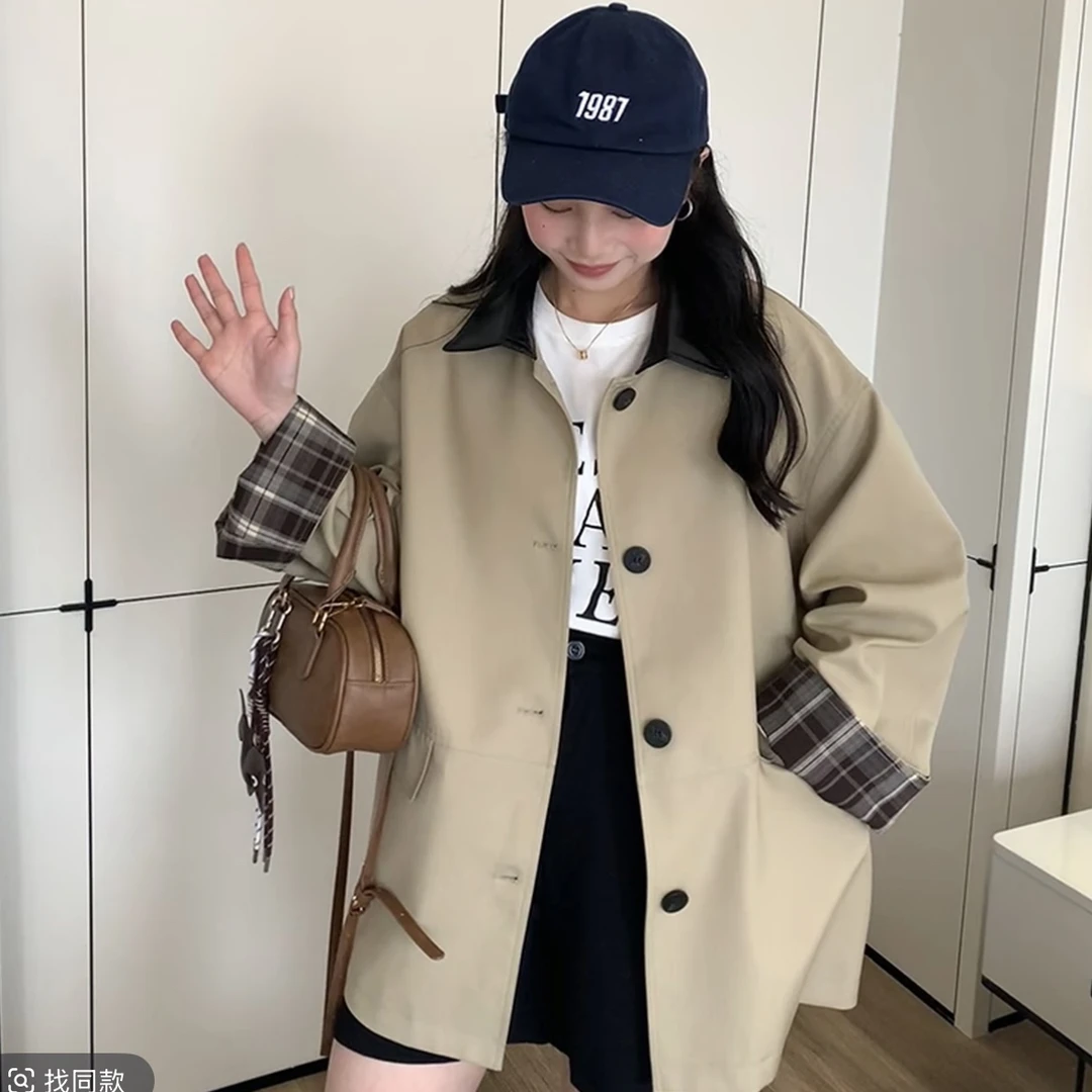 【阿甜大码】卡其色格纹宽松中长款秋季女士风衣小个子必备