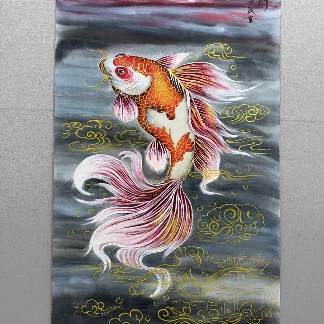 国画竖幅四尺鱼跃龙门贾敏