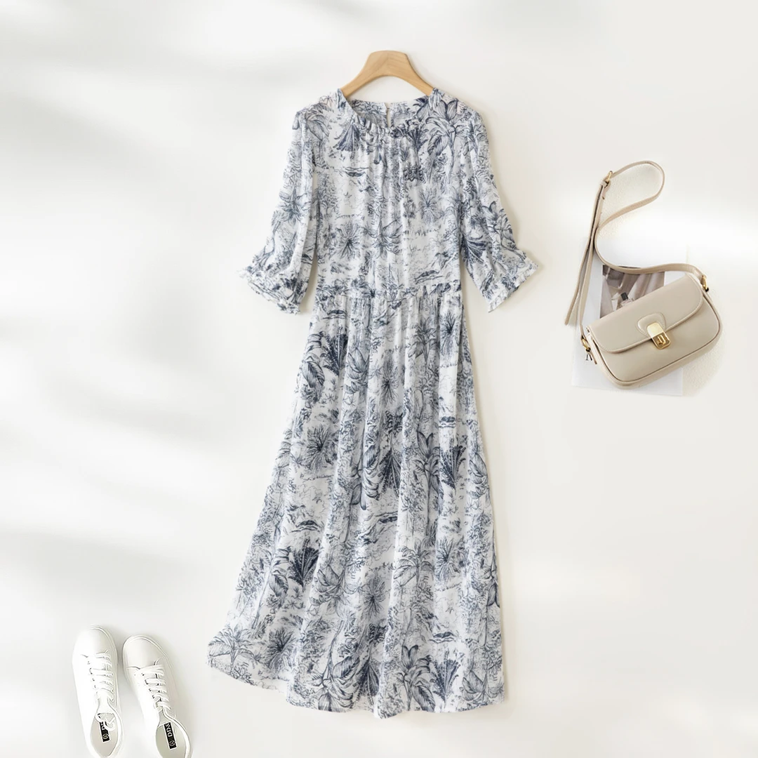 【100%桑蚕丝】夏日椰风连衣裙 数兰朵双绉印花真丝度假长裙显瘦