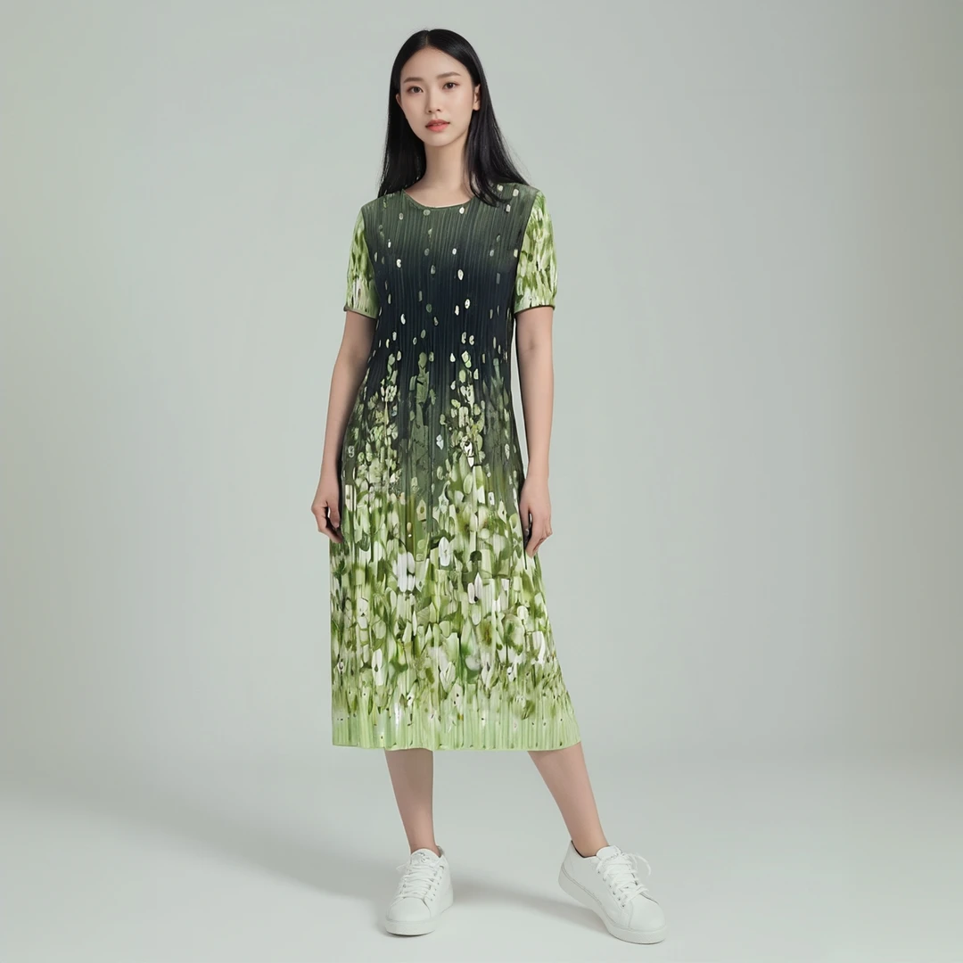 04云锦丝质褶皱连衣裙宽松女装气质夏季圆领妈妈装显瘦大码休闲