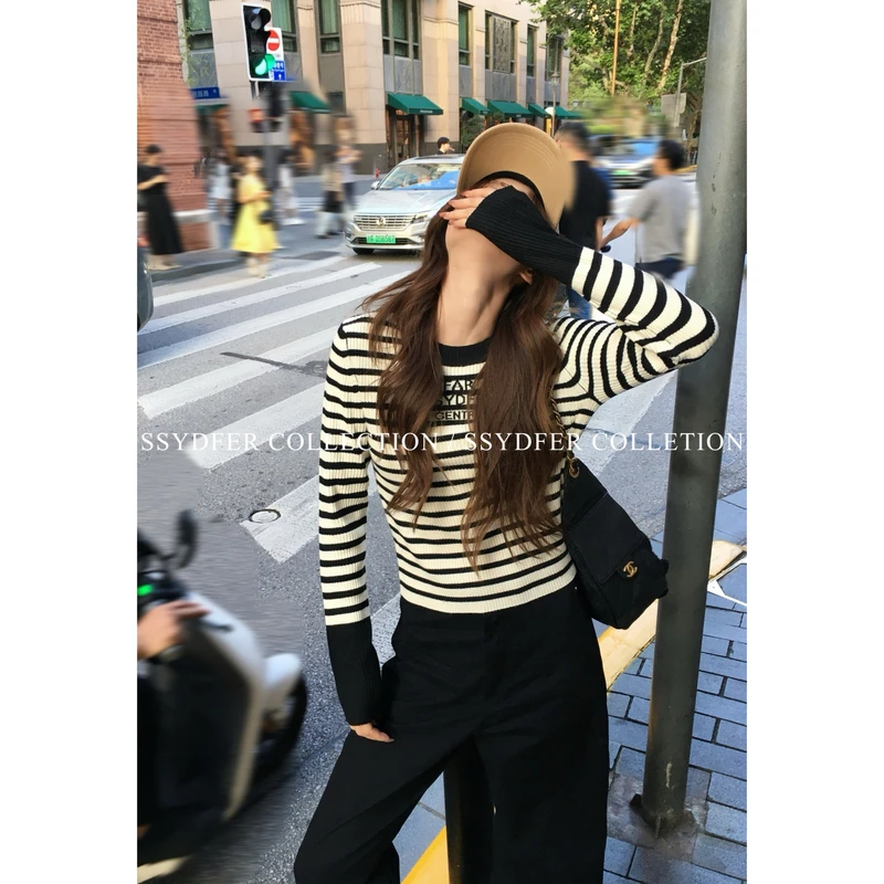 SSYDFER【悠长假期】新款时尚条纹羊毛混纺毛衣气质百搭小众设计感