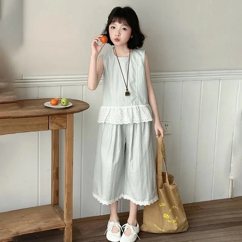 女童夏装套装2025炸街洋气儿童无袖花边背心宽松阔腿裤两件套学生