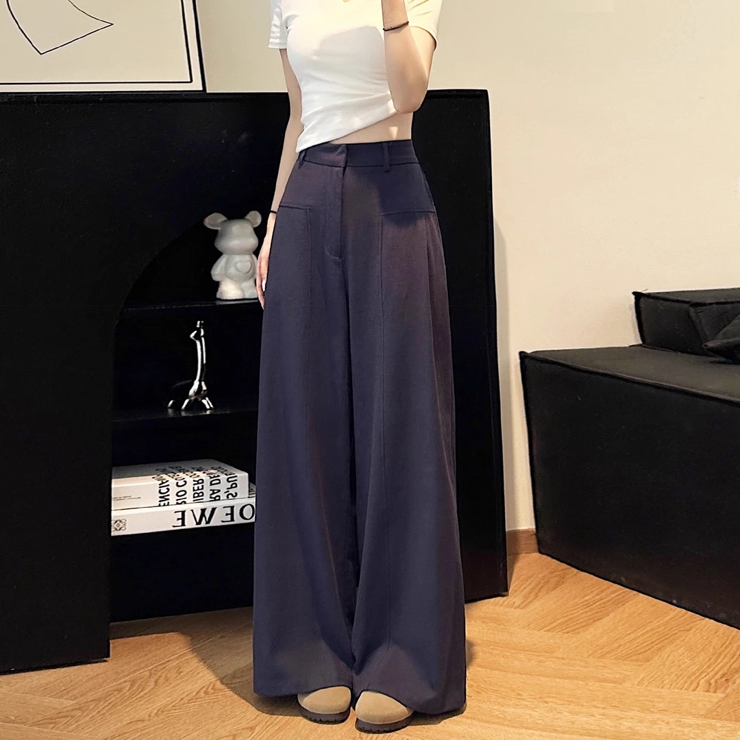 藏青色亚麻感西装裤女夏2025秋季新款复古老钱风棉麻直筒阔腿长裤