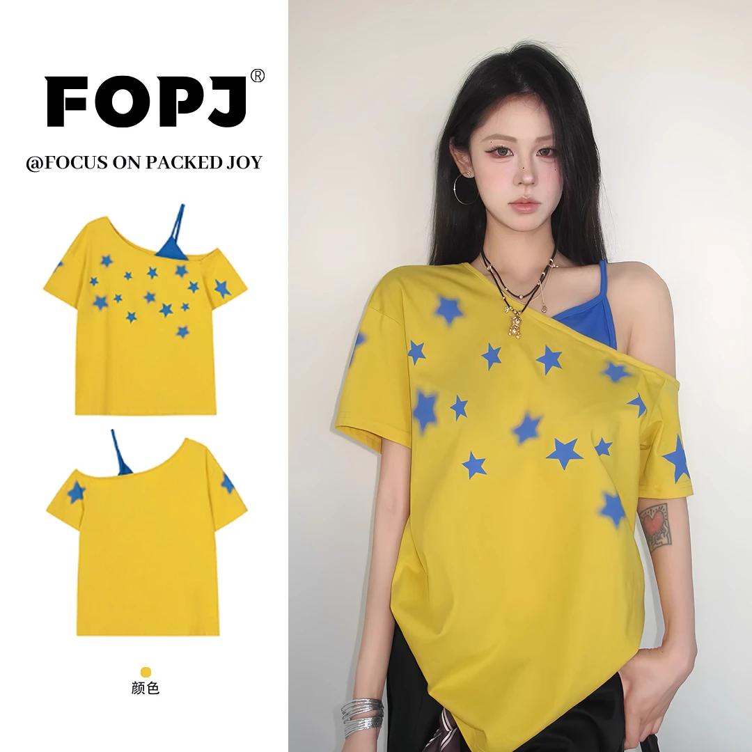 FOPJ夏季新款多巴胺假两件斜肩短袖t恤夏季百搭宽松显瘦辣妹上衣