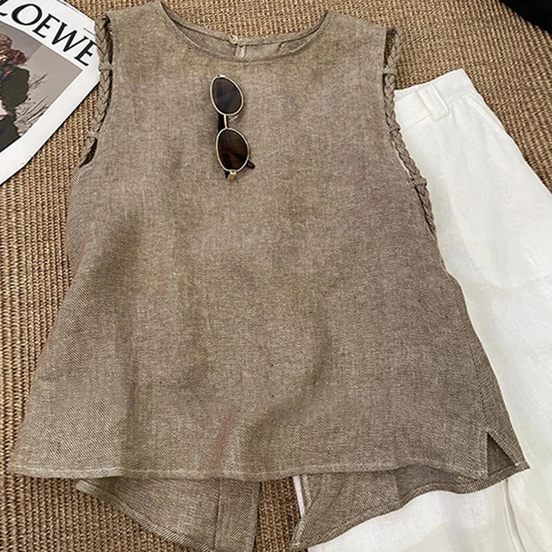2025夏季新款无袖短款老钱风马甲咖色亚麻时尚圆领无袖背心上衣
