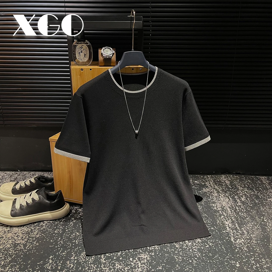 【XGORAD】夏季重磅奢感撞色螺纹领时尚简约微阔冰感丝圆领短袖T恤