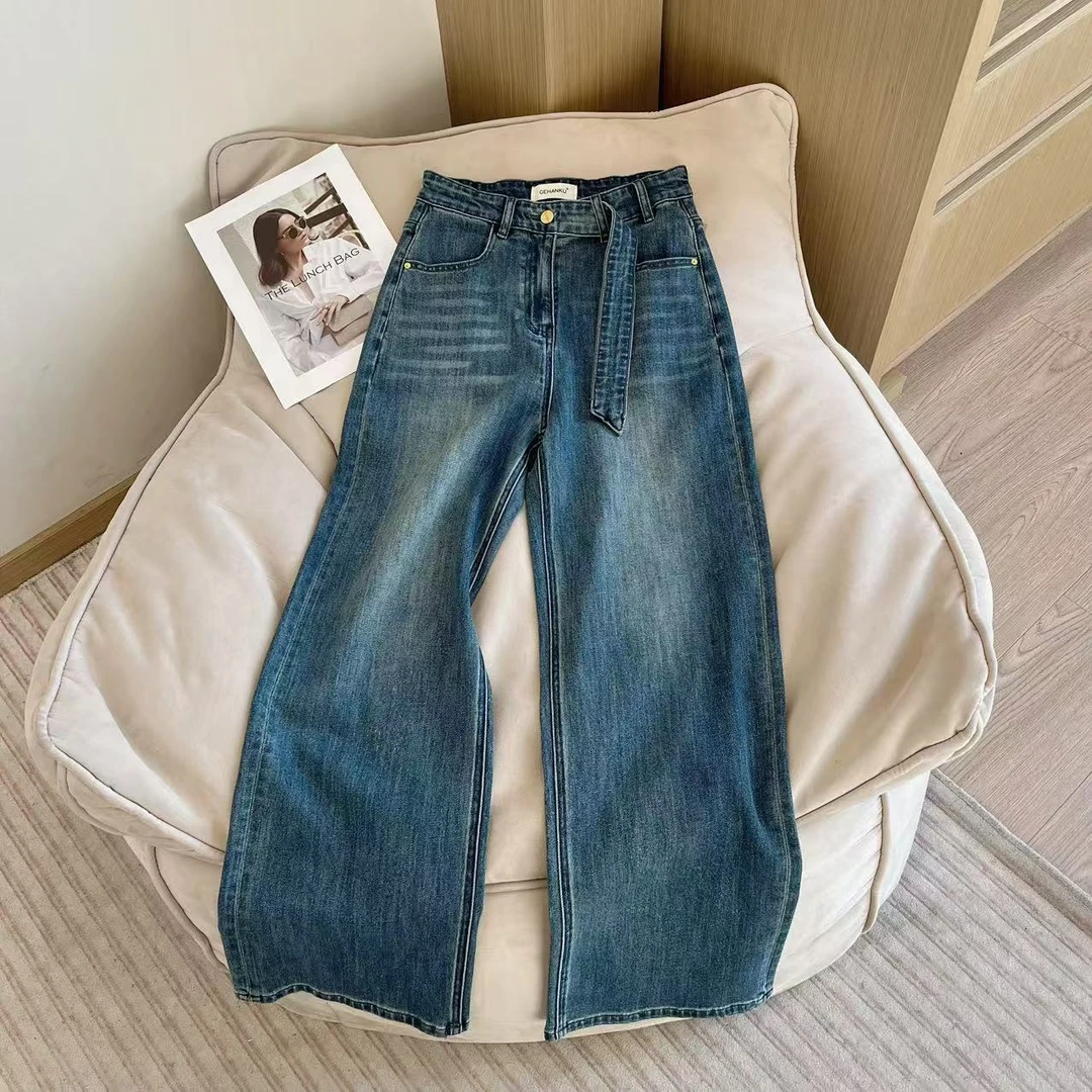 豆子推荐【直筒裤】26810 春季高腰显瘦腰带设计感水洗牛仔裤百搭