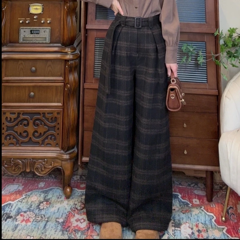 【十一港风】复古港风通勤显瘦格纹阔腿长裤（带腰带）K514
