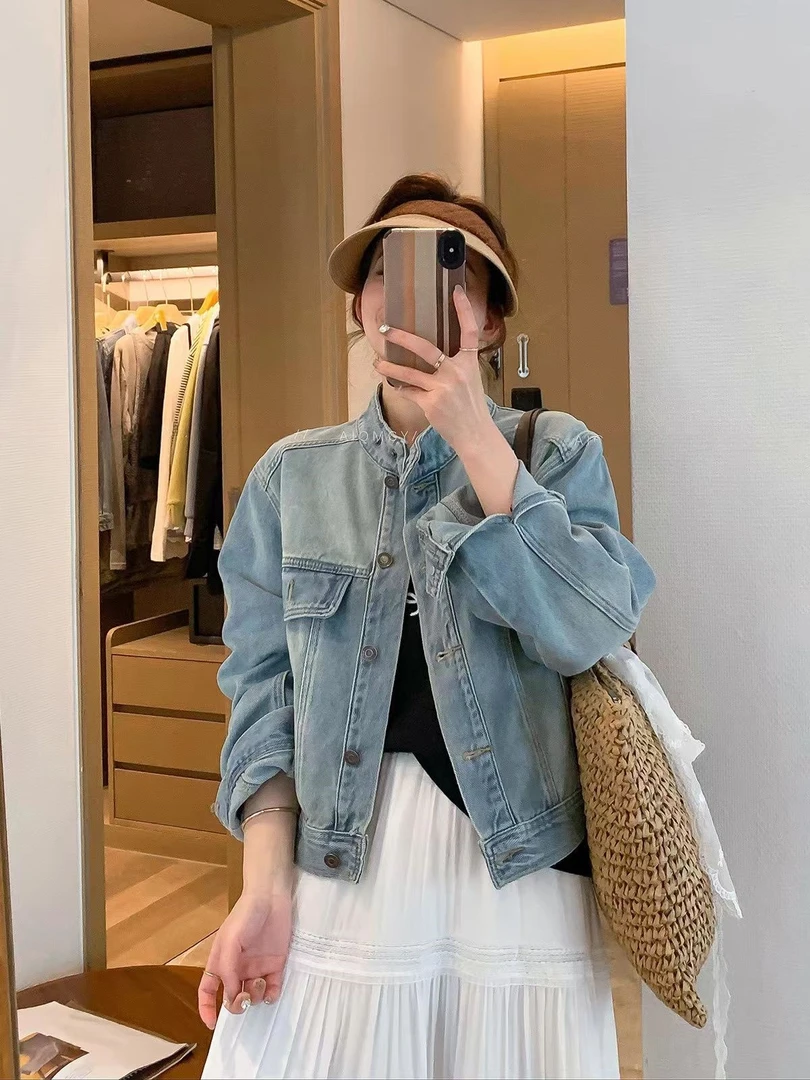 韩版休闲蓝色复古立领百搭水洗牛仔短外套女2025春季新款气质上衣