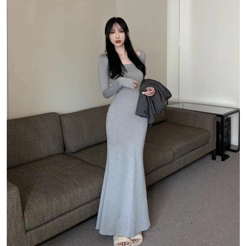 长袖包臀裙蓝色收腰连衣裙长款收腰连衣裙气质穿搭母亲节洋气衣服