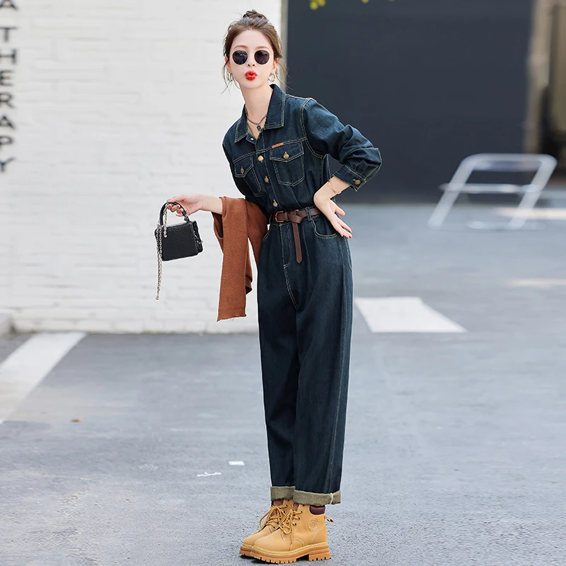 欧洲站时髦流行深色牛仔连体裤潮2025春新款女休闲减龄显瘦连衣裤