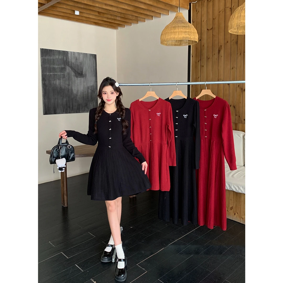 实拍2025冬装新款胖mm大码女甜美收腰显瘦长短款内搭针织连衣裙