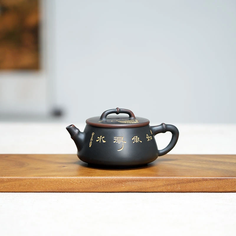 14号 宽口竹节壶 刻绘如鱼得水 全手工坭兴陶茶壶 中式陶壶 200CC