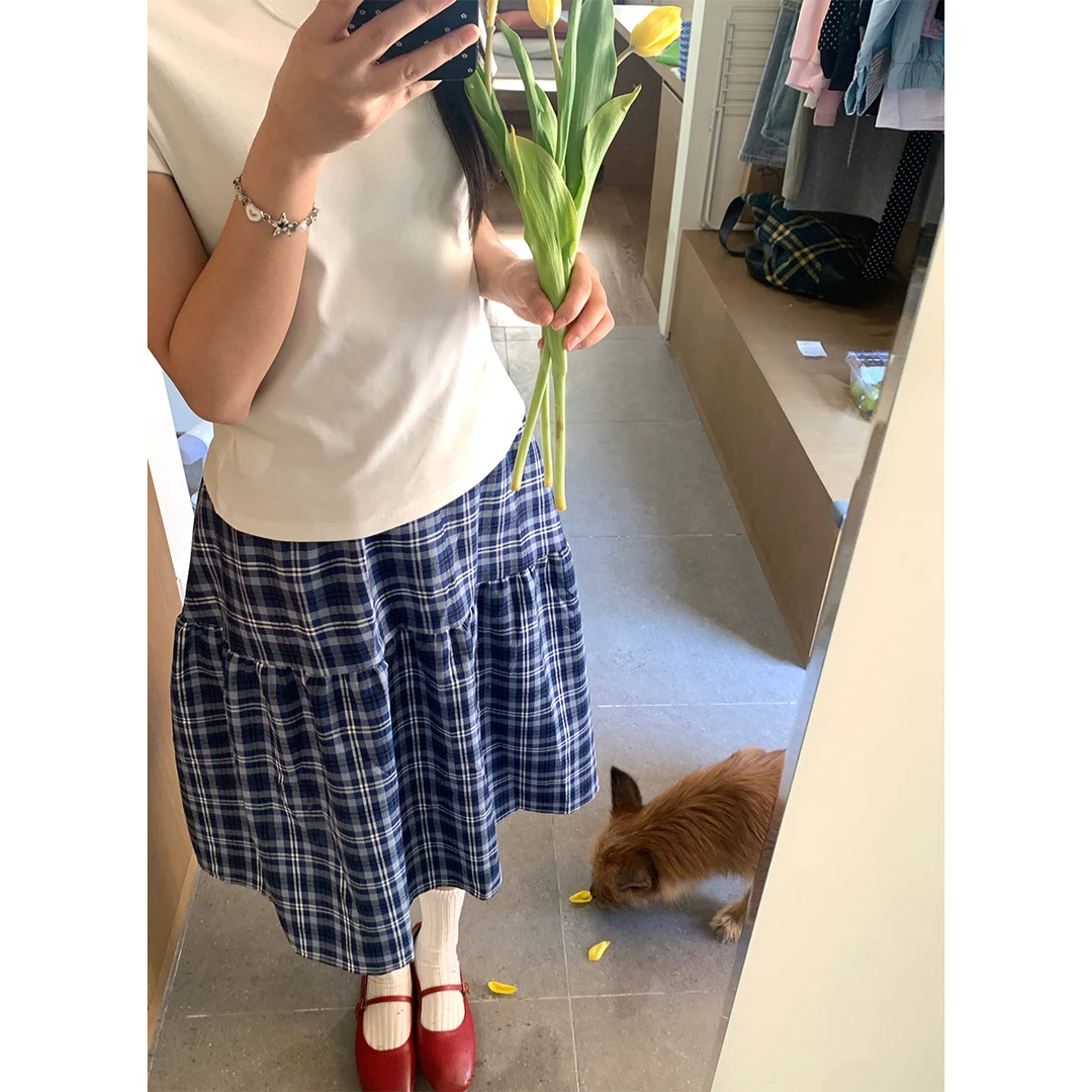 NIDEBLACK韩系少女复古蓝格纹a字半身裙宽松小个子高腰中长裙裙子