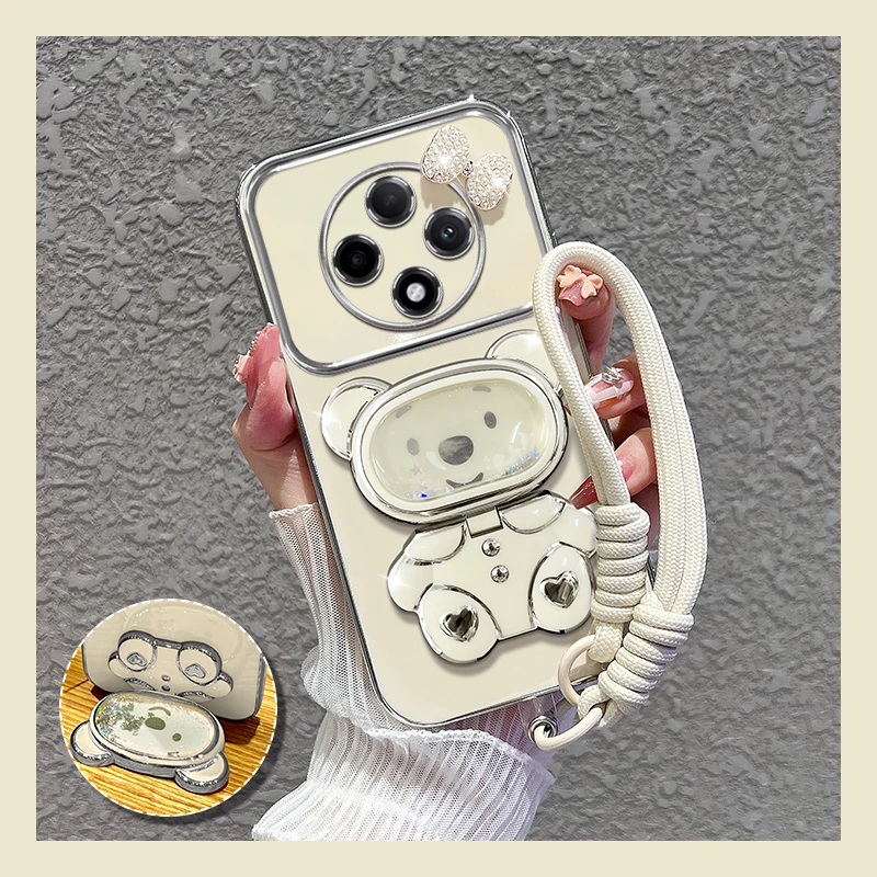 适用【vivoy300pro/pro+】手机壳新款流沙熊镜子支架女蝴蝶结防摔套