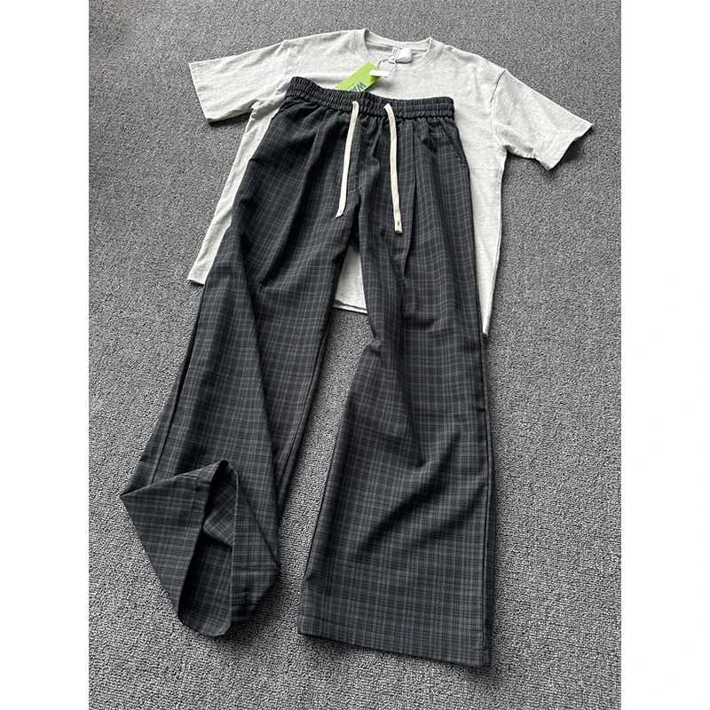 美式冰丝凉感格子裤男女夏季薄款高腰显瘦垂感休闲裤宽松直筒长裤